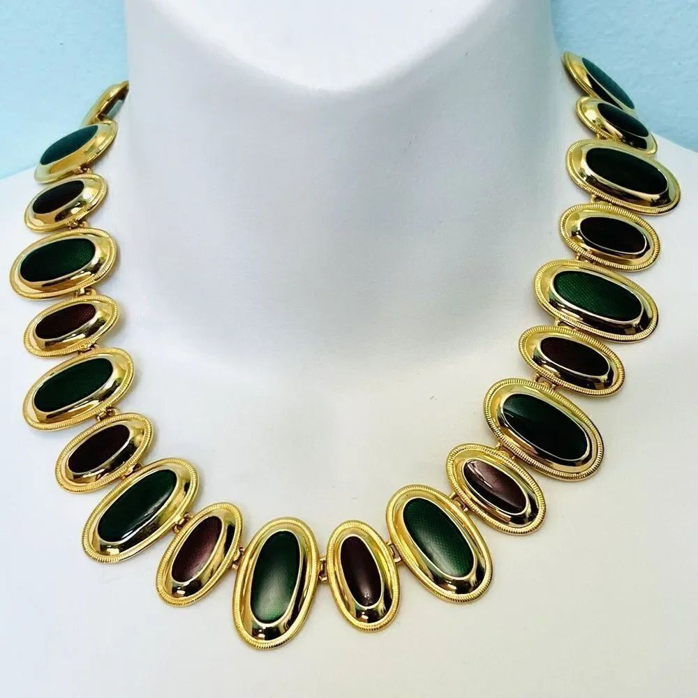 Vintage Dramatic Enamel Collar Necklace Statement Bib Green Mahogany OOAK 4407